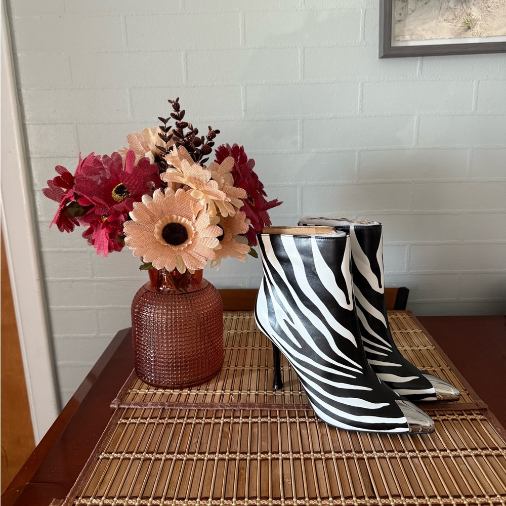 INC International Concepts Zebra Print Ankle Boots with Faux Floral Arrangement